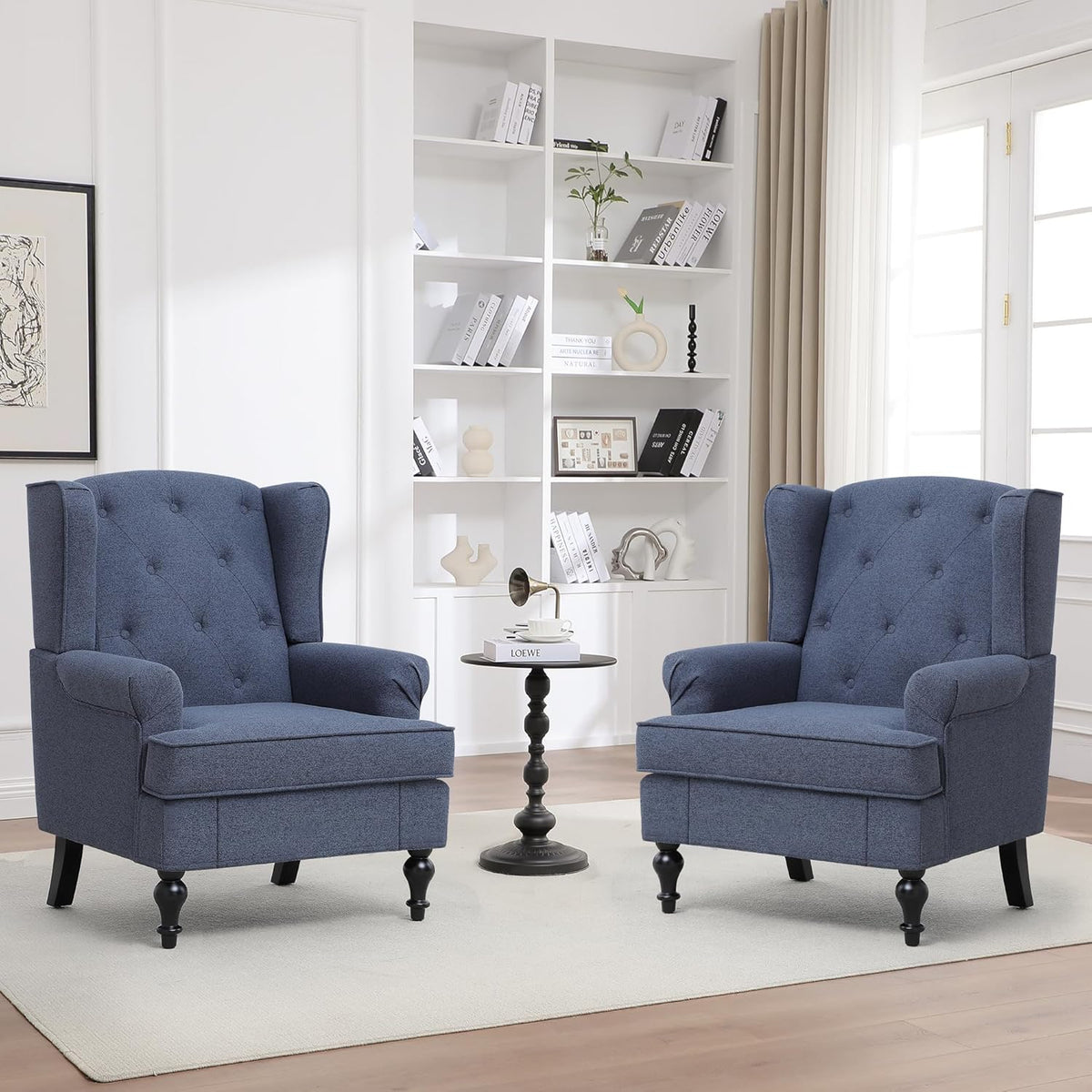 Accent Chair Set of 2, Mid Century Modern Fabric Wingback Chair, Upholstered Armchair with High Back and Vintage Legs, Comfy Single Sofa Side Reading Chair for Living Room Bedroom, Blue
