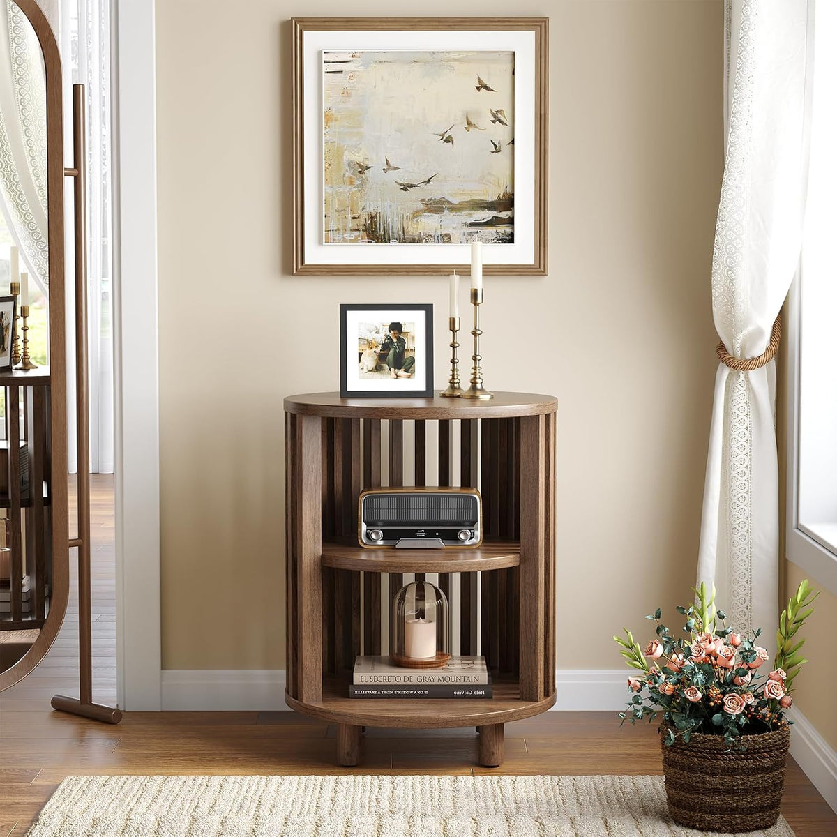 Round End Table Set of 2,Wood Side Tables for Living Room,Walnut