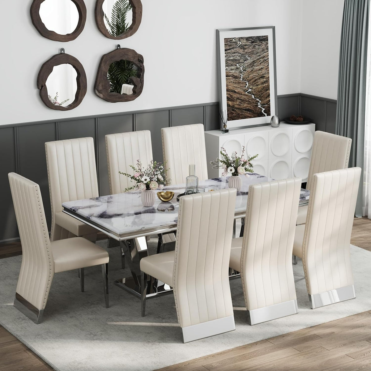 AUZ White Leather Dining Chairs Set of 6, White and Silver Upholstered Dining Room Chairs with Nailhead Trim High Back, Modern Dining Chair with Polished Silver Metal Legs