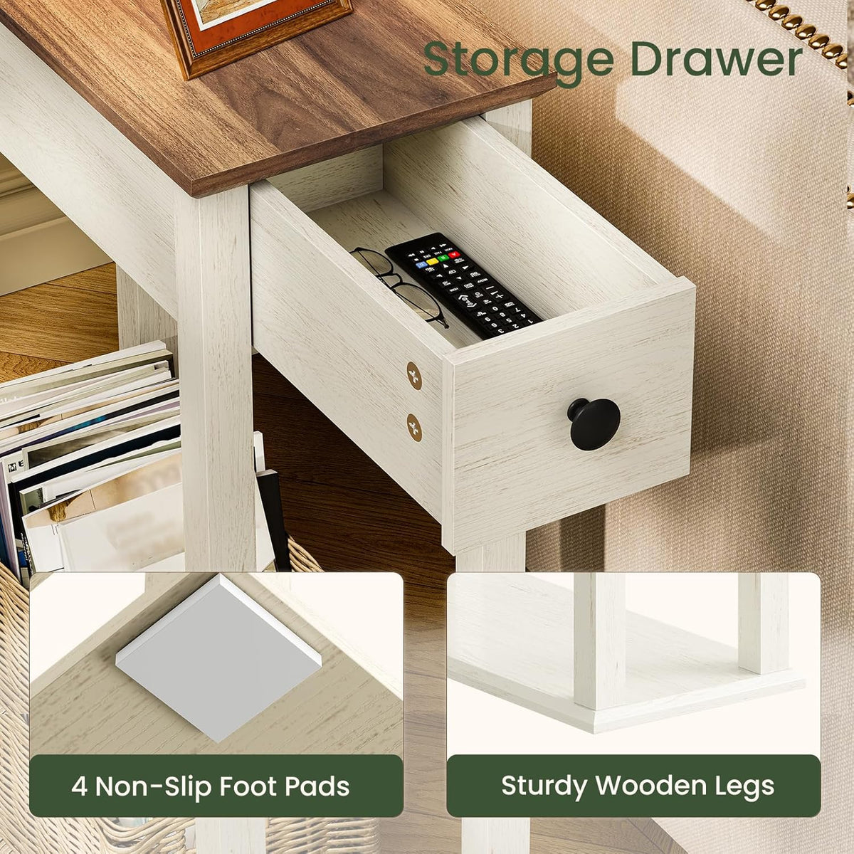 CHOEZON Farmhouse End Table, 2-Tier Narrow Side Table with Drawer, Wooden Nightstand, for Small Space, Living Room, Bedroom, Cloud White and Walnut MBZ13WL