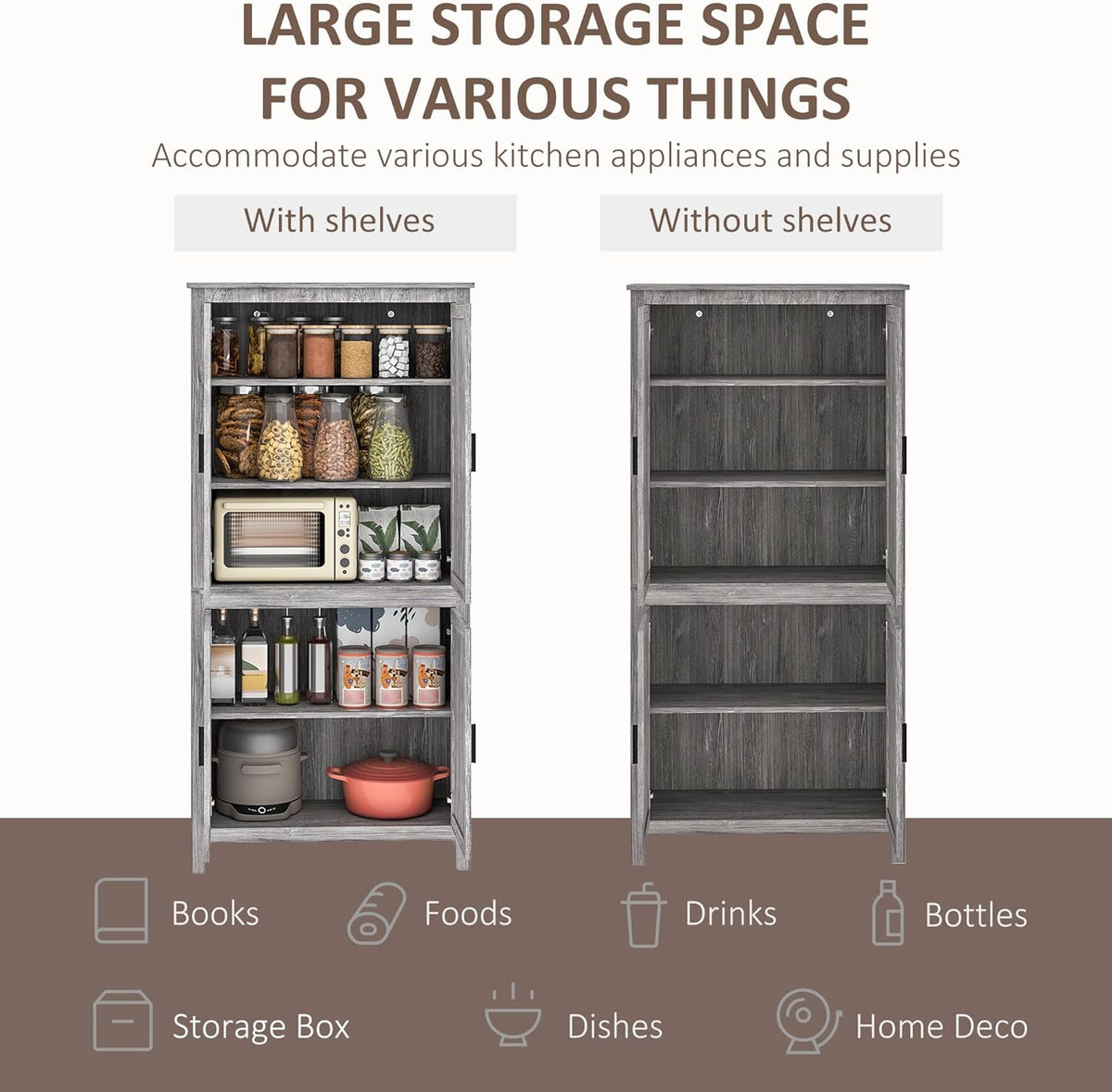 HOMCOM 64" Kitchen Pantry Cabinet, Freestanding Storage Cabinet with 4 Doors and 3 Adjustable Shelves for Dining Room, Gray Oak