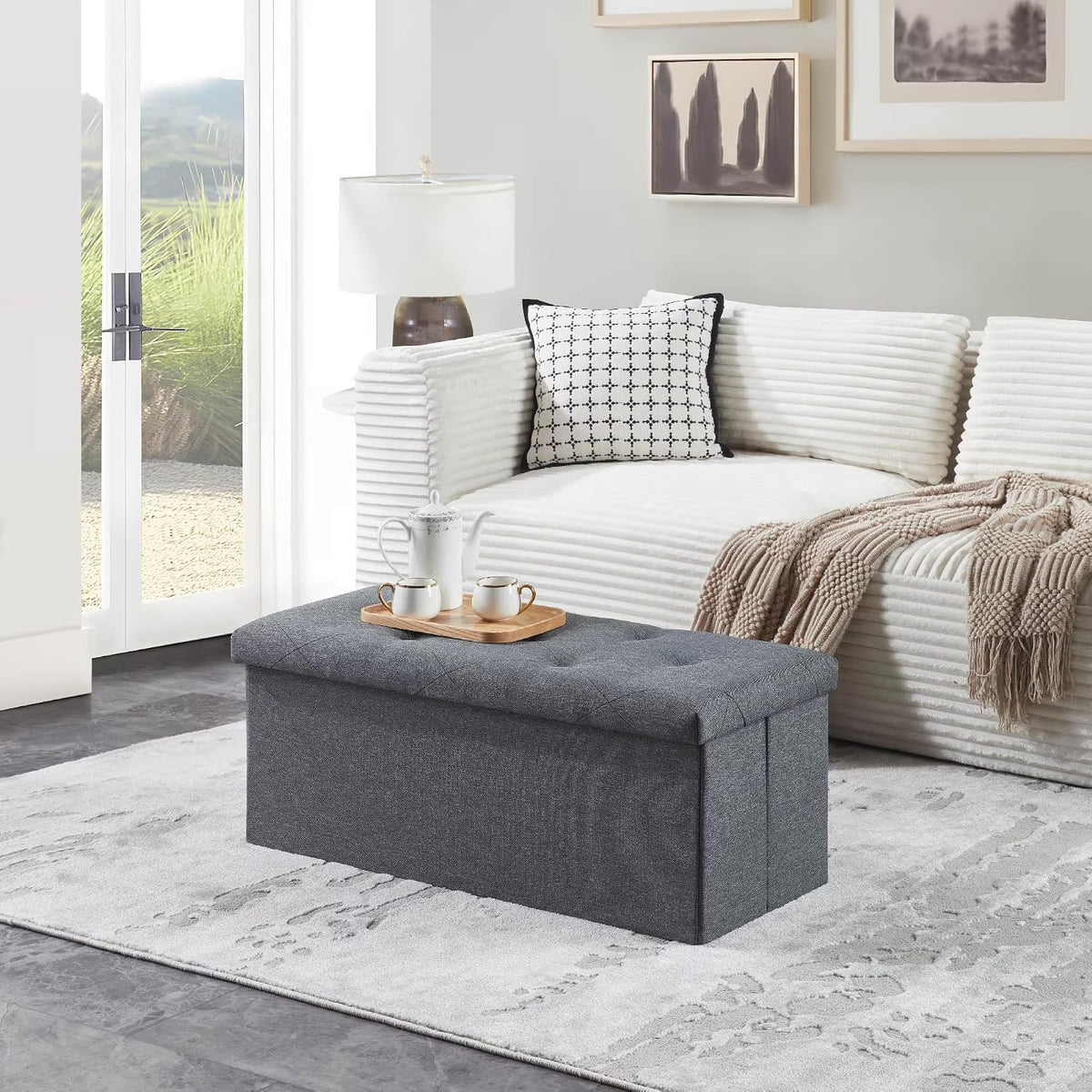 Folding Storage Ottoman Bench, Ottoman Foot Rest, End of Bed Bench, Storage Chest, for Living Room, Bedroom, Entryway, 35 Inches, Gray