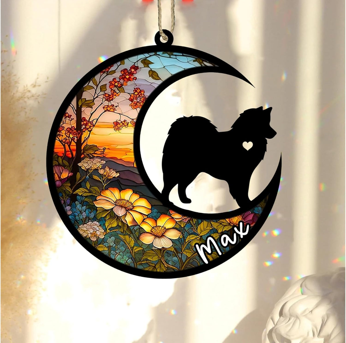 Personalized Dog Memorial, Custom Name American Eskimo Dog Christmas Ornament with Name, Custom Breeds, Pet Loss Light Catcher, Gifts for Lovers Loss of Pet Sympathy on Mothers Day Christmas