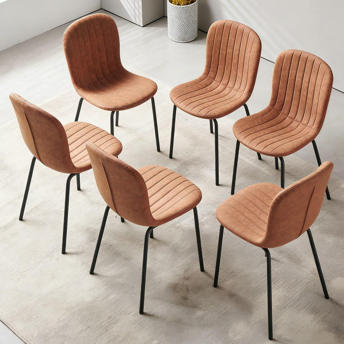 Small Dining Chairs Set of 6, Modern Mid Century Faux Leather Dining Room Chairs with Black Metal Legs, Kitchen Home Living Room Restaurant Apartment, Space-Saving, Brown