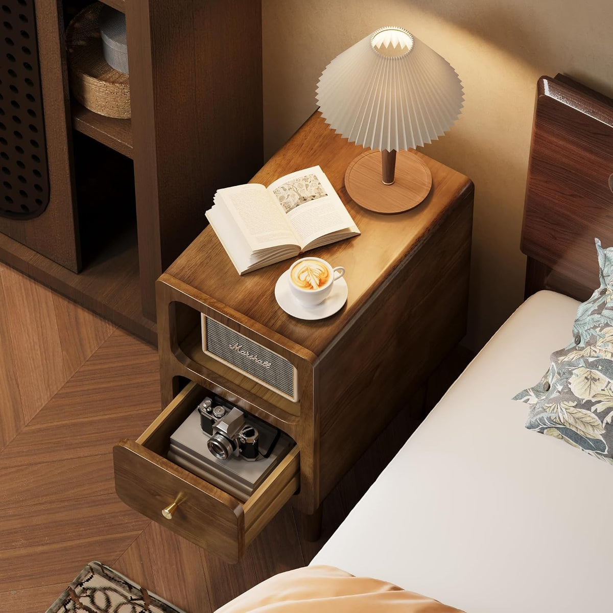Narrow Nightstand, Solid Wood Night Stand with Drawers, Walnut Mid Century Modern Nightstand, Small Bedside Table with Open Storage Shelf for Bedroom (12 Inch)
