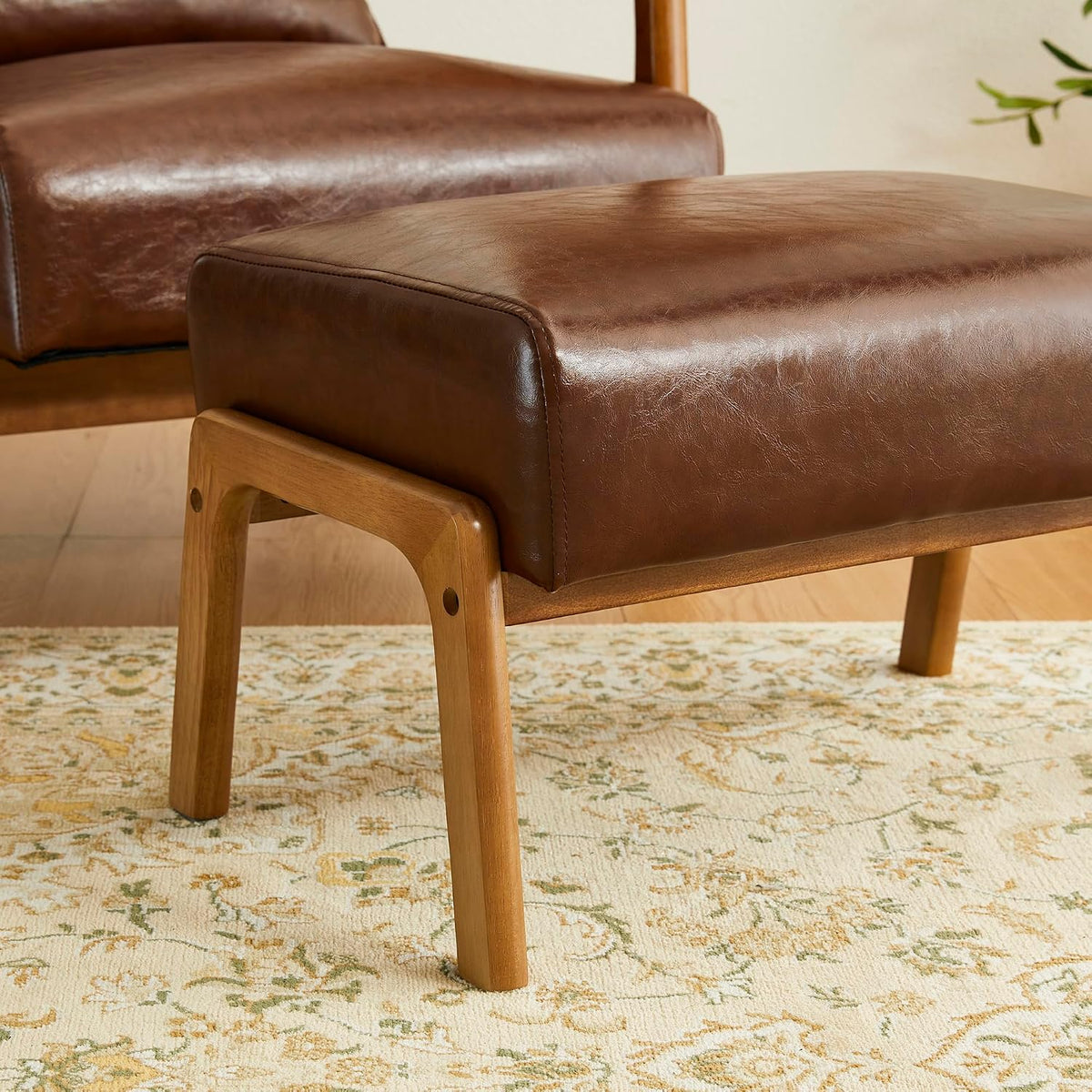 Glitzhome Rectangle Ottoman Bench, Modern Coffee Leatherette Footstool with Walnut Rubberwood Legs for Living Room, Bedroom