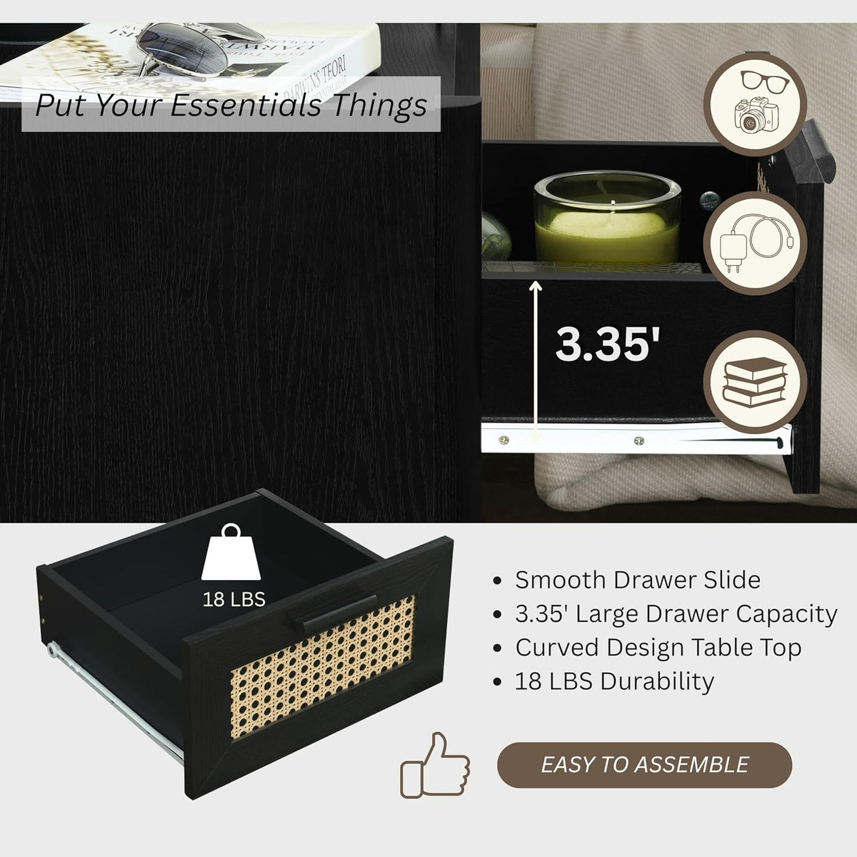 ELISA HOME Rattan-Inspired 2 Drawer Nightstand with Charging Station, Bedside Table with Drawers, Night Stand for Bedroom, End Table or Side Table for Living Room, 15.5" D x 18.9" W x 21.7" H, Black