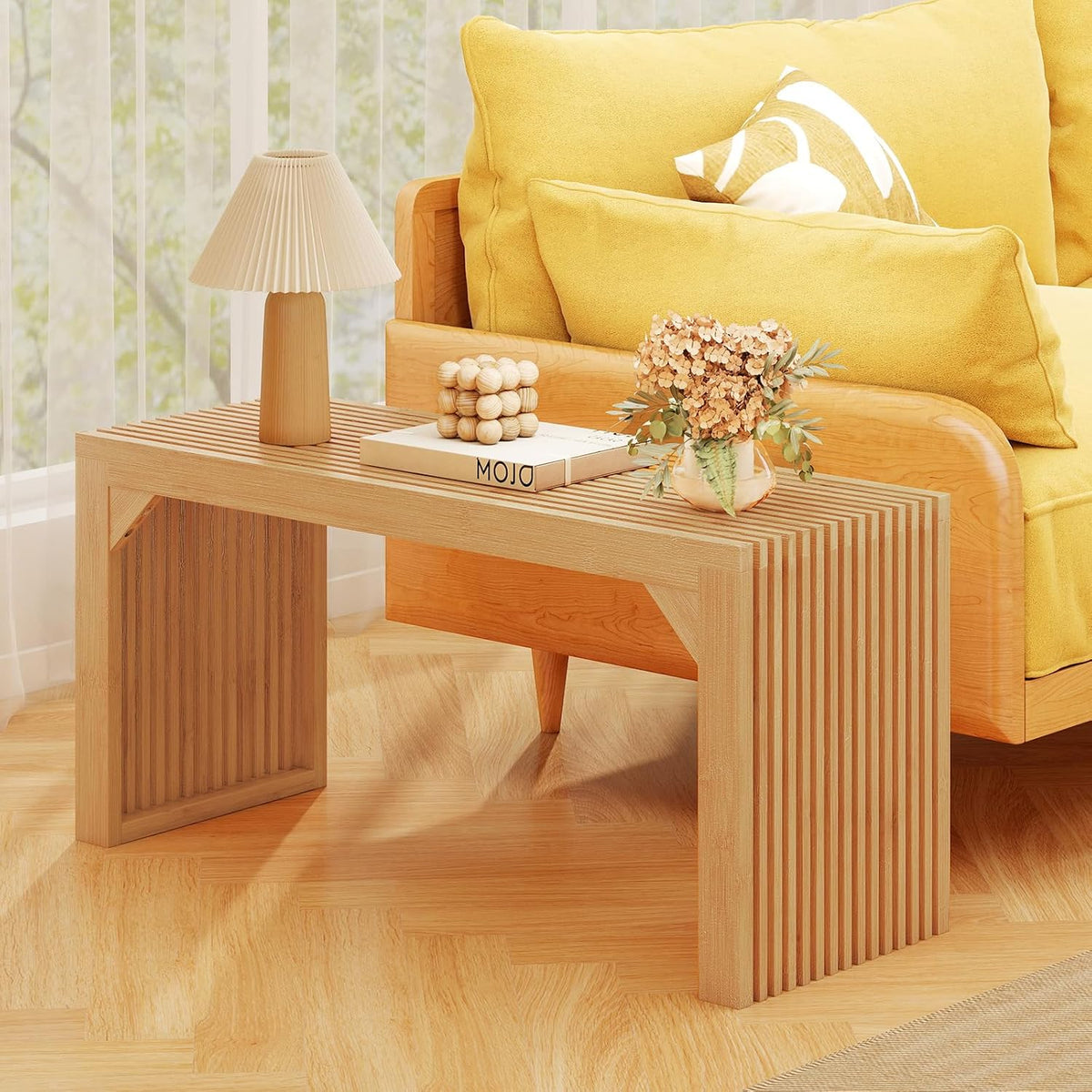 GOFLAME 36” Bamboo Dining Bench, Farmhouse Entryway Bench with Slatted Seat, End of Bed Bench, Outdoor Bench for Kitchen, Bedroom, Living Room, Hallway, 660 LBS Max Load