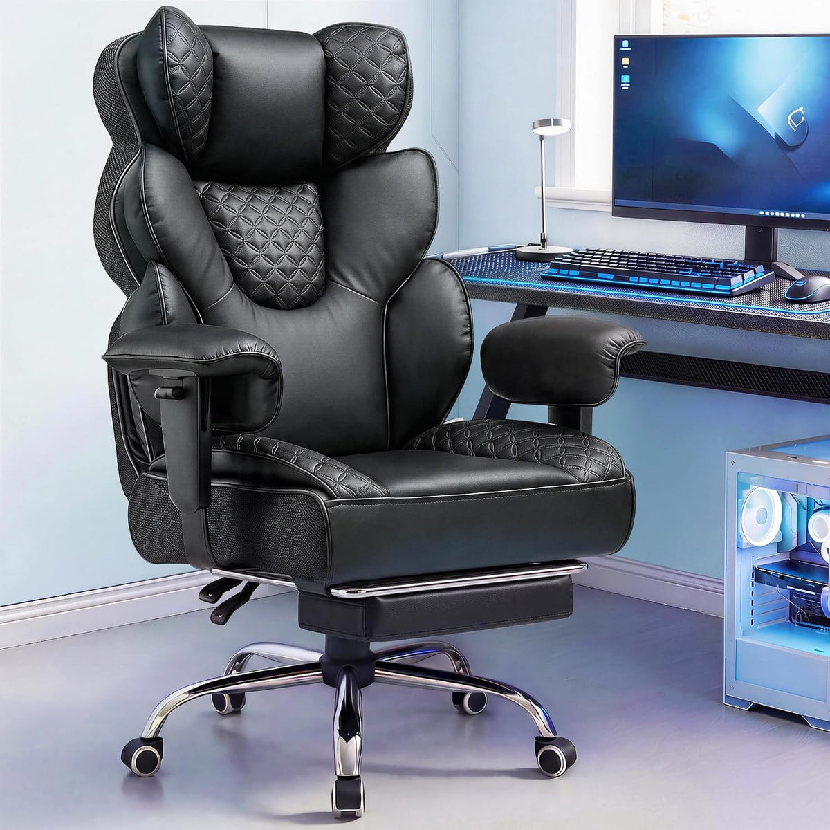 GTPLAYER Big and Tall Gaming Chair Ergonomic Heavy Duty Office Chair Racing Seat with Adjustable Lumbar Pillow Footrest 150° Reclining Thickened Armrests Breathable Mesh for Esports/PC Gaming