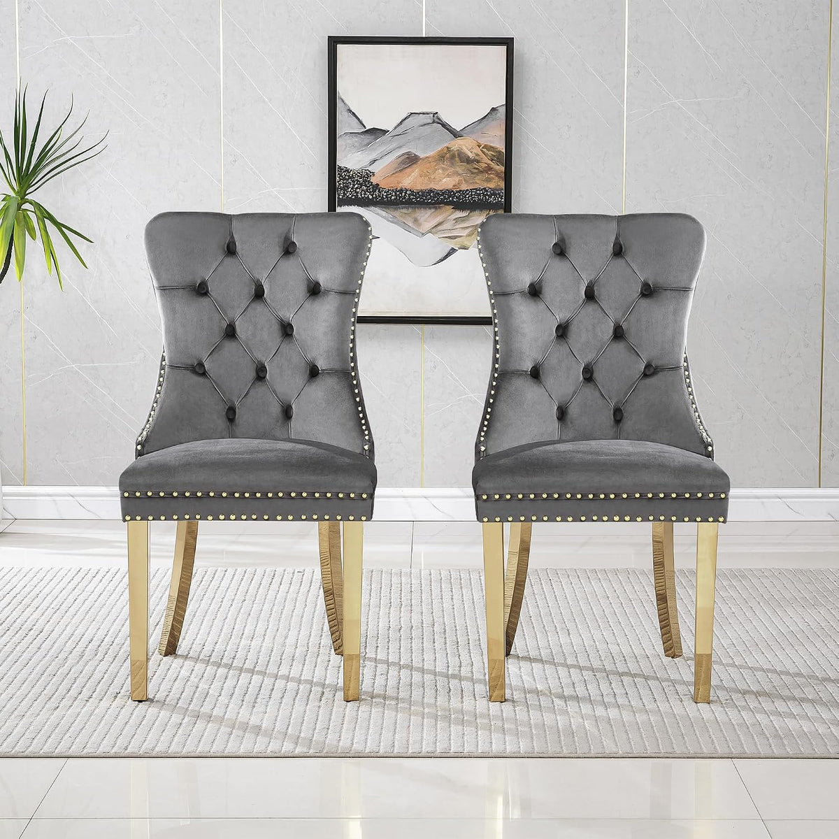 Grey Velvet Dining Chairs Set of 4, Mid Century Modern Kitchen & Dining Room Chairs, Fabric Tufted Dinning Chairs, Velvet Upholstered, Wing Back, Pull Ring, Stainless Steel Legs, Gold