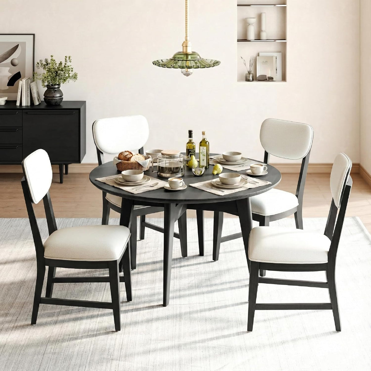 COLAMY Solid Wood Dining Chairs Set of 4, Mid Century Modern Upholstered Kitchen Chairs with 3.3" Thick Cushion, Farmhouse Dining Room Chairs with Level Legs & Wire-Brushed Finish, Black