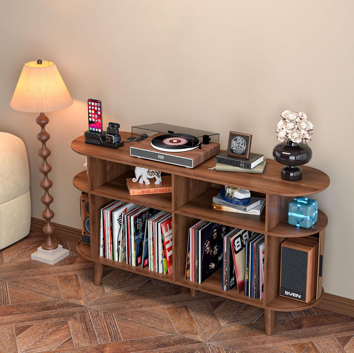 LUVIOHOME Large Round Record Player Stand with Charging Station & USB Ports | Record Storage Cabinet, Mid Century Modern Turntable Stand for Bedroom Living Room