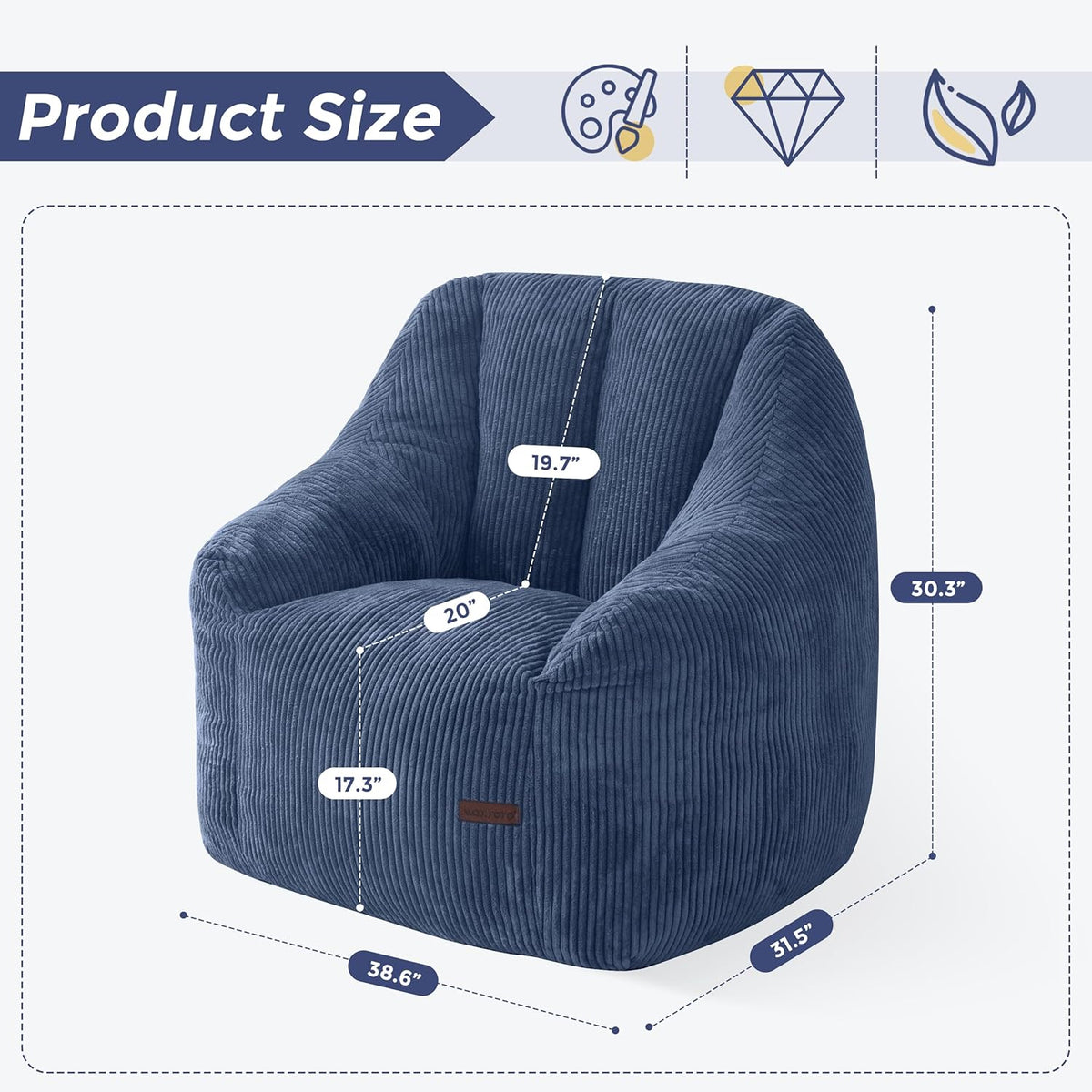 MAXYOYO Bean Bag Chair for Adults, Foam-Filled Floor Sofa for Reading | Bean Bag Chair for Adult with Filler, Cozy Living Room Chair for Bedroom Dorm, Dusty Blue
