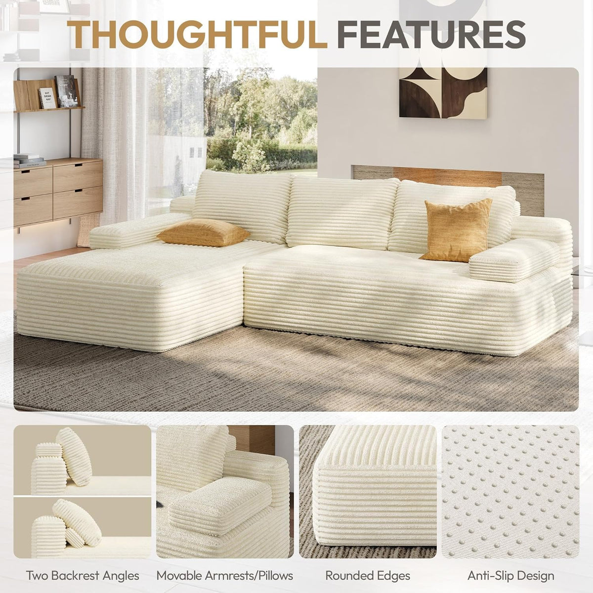 Yaheetech 110" Sectional Sofa Couch with Chaise, Beige | Sectional Sofa Cloud Couch Corduroy Modular L-Shape Couch No Assembly Sofa with Detachable Pillow for Living Room Guest Room