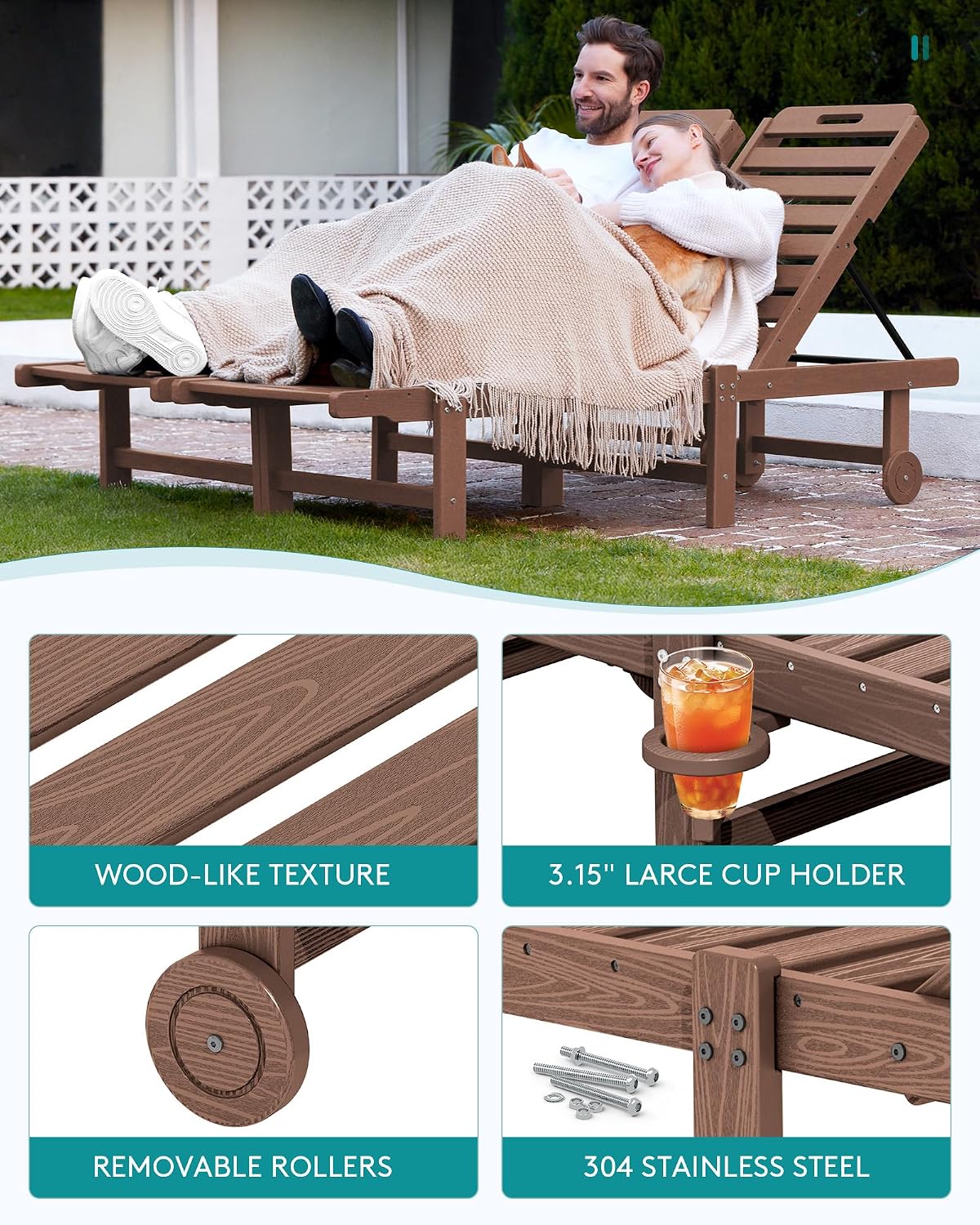 SERWALL HDPE Outdoor Chaise Lounge Set of 2 with Cup Holder & Wheels, Brown