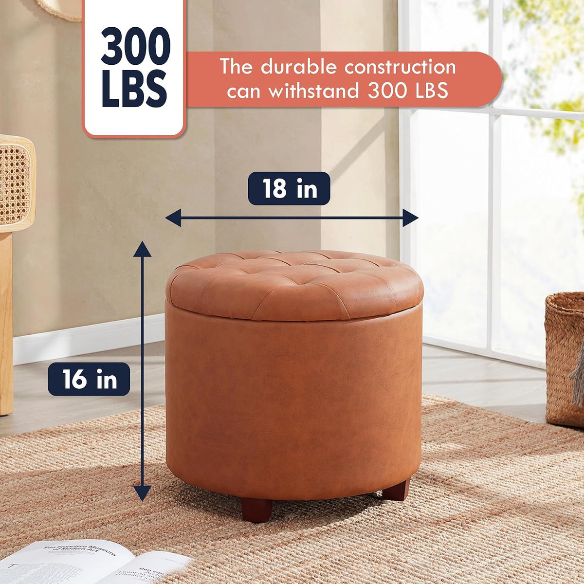 Ornavo Home 18" Round Storage Ottoman with Lid, Holds 300 lbs, Cognac | Faux Leather Tufted Fabric; Foot Rest Stool & Vanity Chair For Living Room, Bedroom Or Entryway