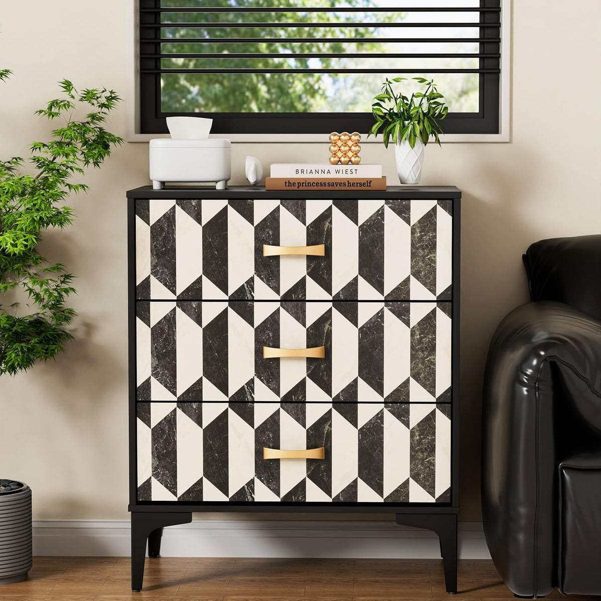 Anbuy Black Marble Nightstand, Modern Night Stand with 3 Drawers for Bedroom, Large Side End Table Bedside Night Tables with Gold Handles & Matel Legs