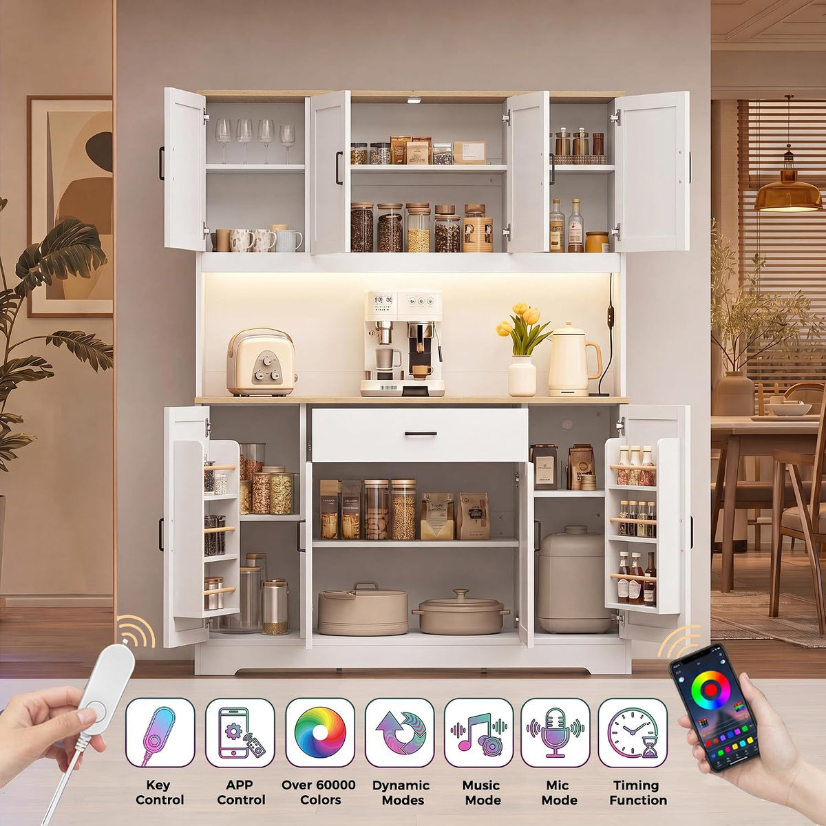 FUQARHY 71" Kitchen Pantry Storage Cabinet, Tall Kitchen Hutch with Charging Station, 55" Wide Large Food Pantry Storage Cabinet with LED Light, Drawers and Adjustable Shelf for Dining Room (White)