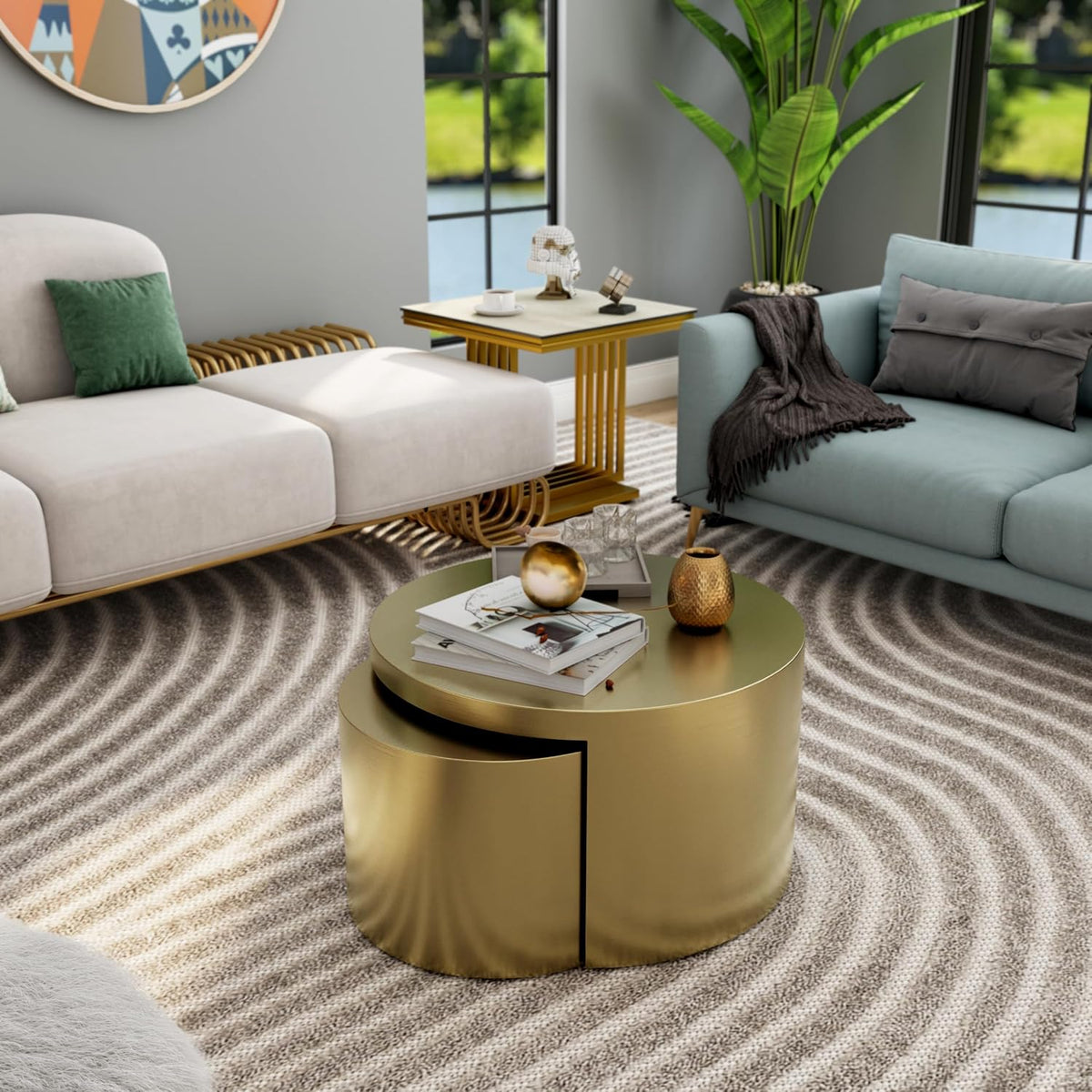 BQueen Round Nesting Coffee Table Set of 2, Brushed Gold Stainless Steel Modern Coffee Tables, 2 in 1 Space Saving Stackable Accent Tables for Living Room, Small Space Apartment