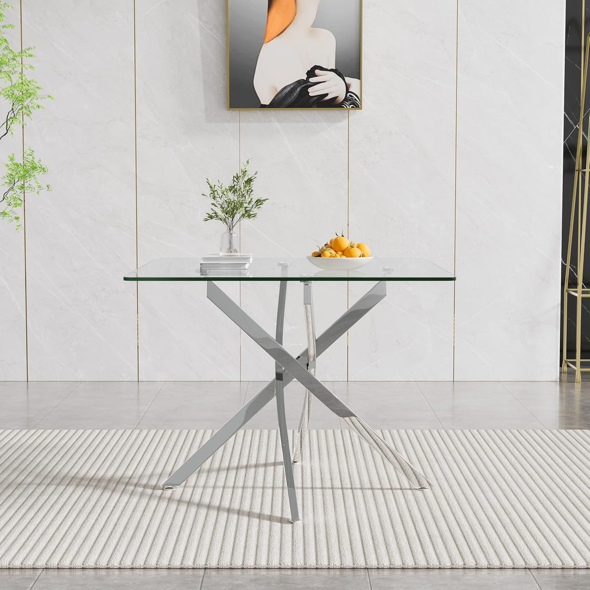 Glass Dining Table,36'' Square Dining Kitchen Table,Modern X-Design Dining Room Table with Silver Metal Base for Dining Room