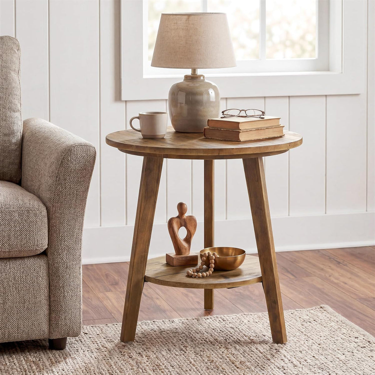 Tribesigns Solid Wood Round Side Table, 2-Tier Farmhouse End Table with Storage Shelf, Nightstand for Living Room, Bedroom, Easy Assembly (1)