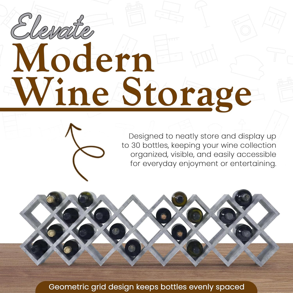 Kings Brand Furniture 30-Bottle Wine Rack – Geometric Grid Design, Modern Countertop Wine Storage for Kitchen, Bar, or Sideboard Display (Concrete Finish)