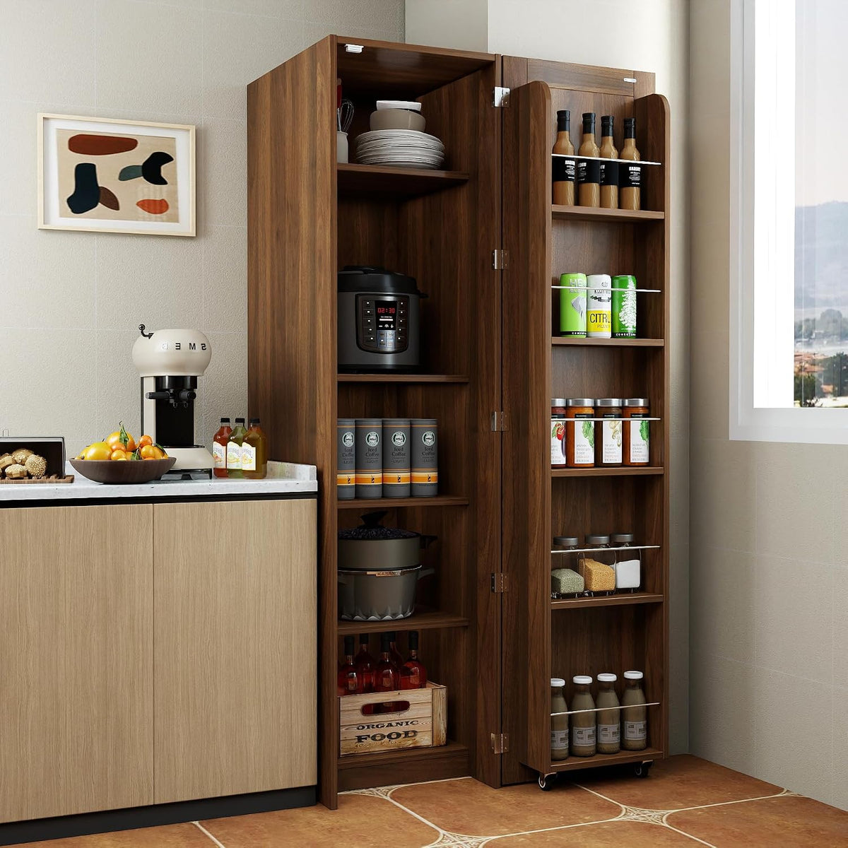 63 " Narrow Kitchen Pantry Storage Cabinet with Shelf & Side Racks (Walnut) | Slim Narrow Cabinet Single Door with Adjustable Shelves, Wheels & Side Racks, Easy Assembly for Kitchen Small Space