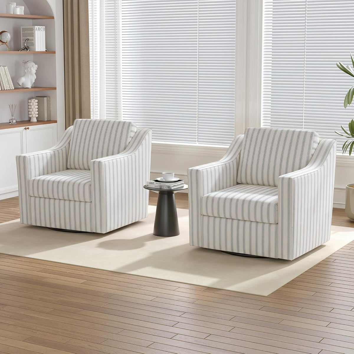 Swivel Accent Chairs Set of 2, 360° Swivel Upholstered Club Armchairs for Living Room, Comfy Reading Chair with Deep Seat, Metal Swivel Base, Pinstripe Light Blue