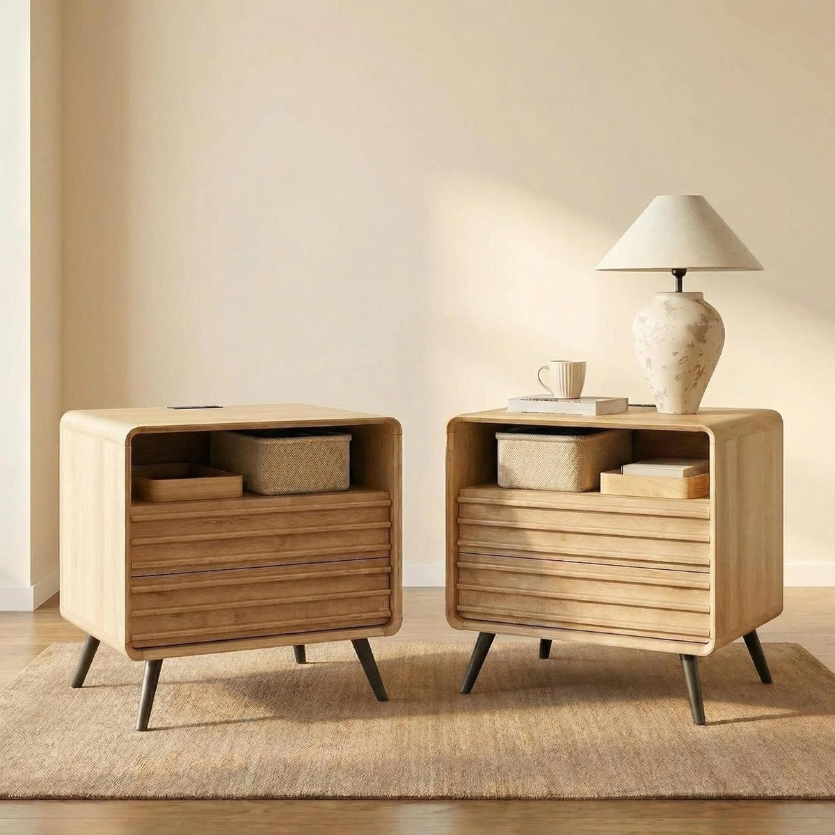 RedLemon 24" Nightstand Set of 2 with Charger Station, Mid Century Modern Fluted End Table with 2 Drawers, Wooden Side Table with Open Cubby Storage for Living Room, Bedroom, Office(Natural Oak)