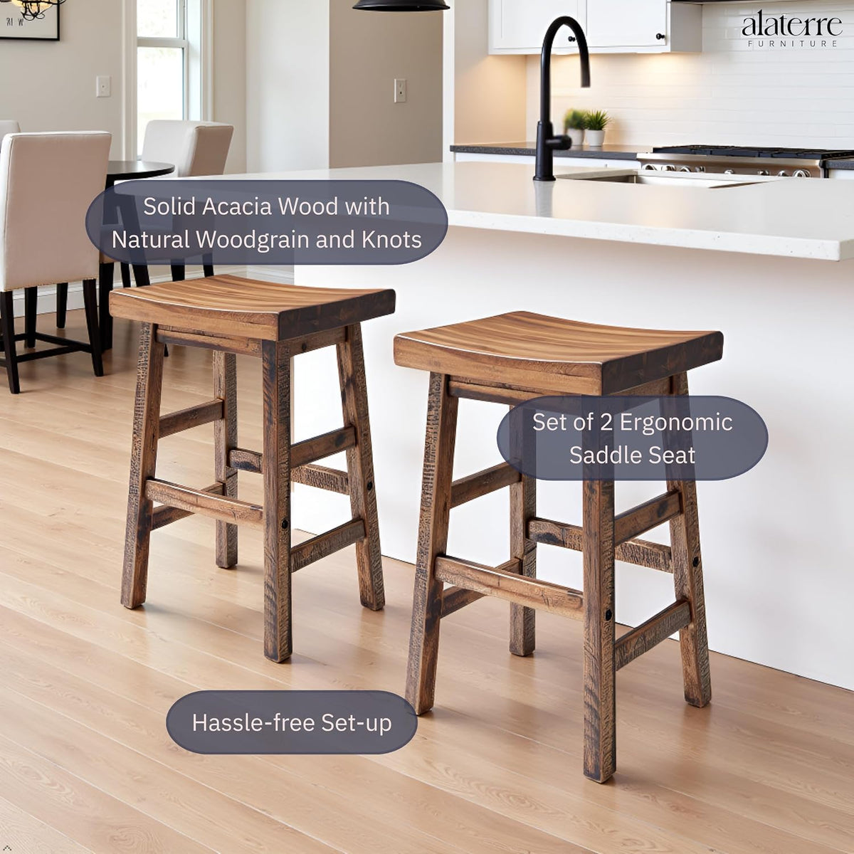 Alaterre Durango Solid Wood Rustic Bar Stool Set of 2, Natural, 26-Inch | Counter Height Backless Barstool Kitchen Seating with Saddle Seat, Barstools for Kitchen and Home Bar