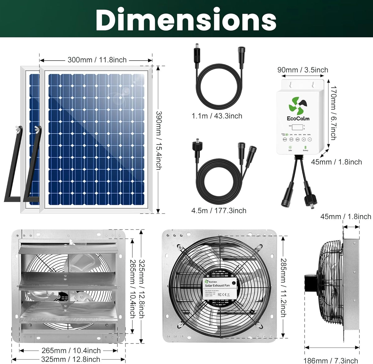 10" Solar Exhaust Fan for Greenhouse with Battery and Adjustable Thermostat, Attic Fans for Garage and Shed with 2PCS 15W Bifacial Solar Panels