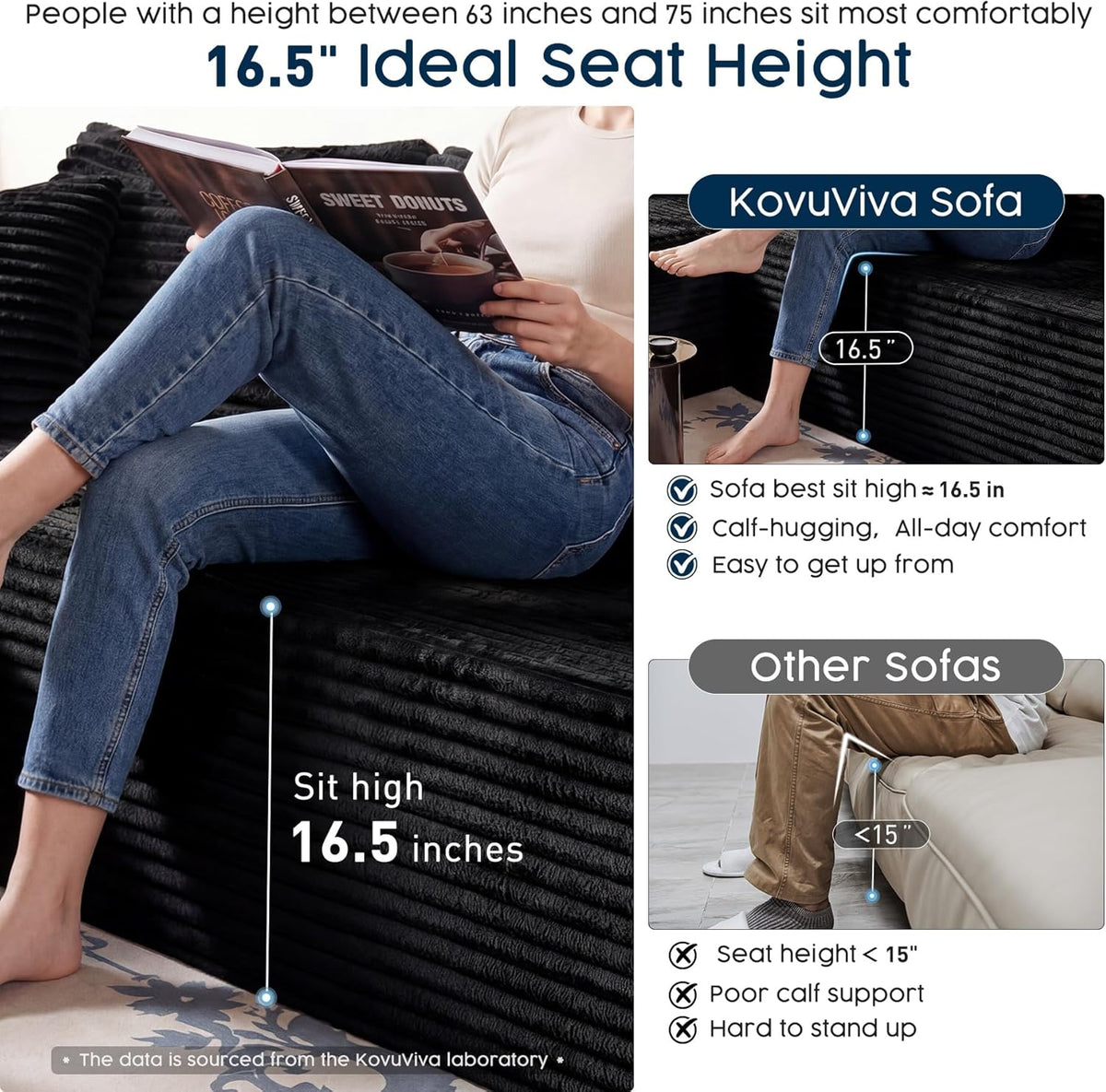 108” Modular Sectional Sofa, Right Facing Chaise (Sitting: Chaise on Your Right), Black Corduroy Cloud Couch, Deep Seat 5-Seater, Converts to Bed, No Assembly Required for Living Room