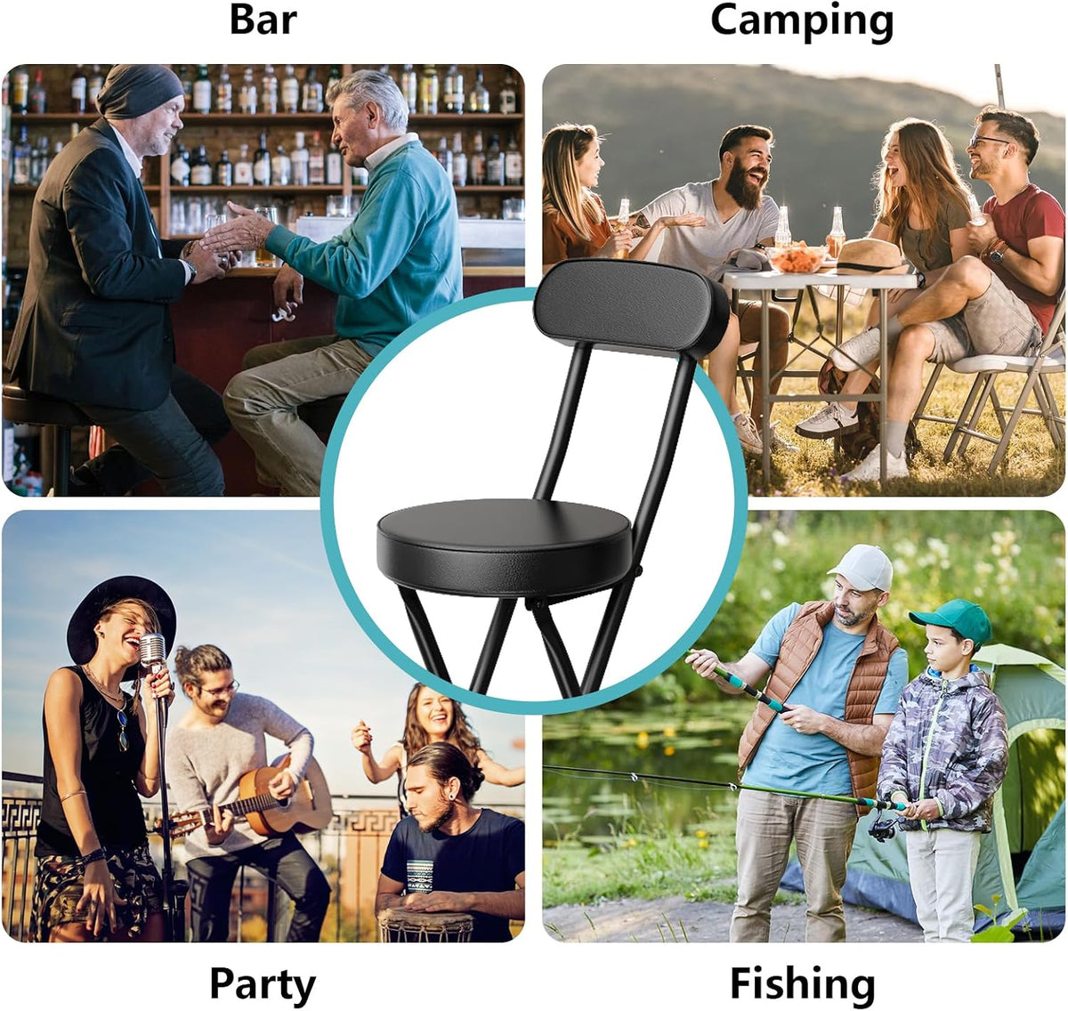 Folding Stool,Cushioned Padded Folding Bar Stool,18inch Black Height Heavy Duty Portable Chair Stool with 300lbs Capacity for Kitchen Living Room Garden Camping Fishing