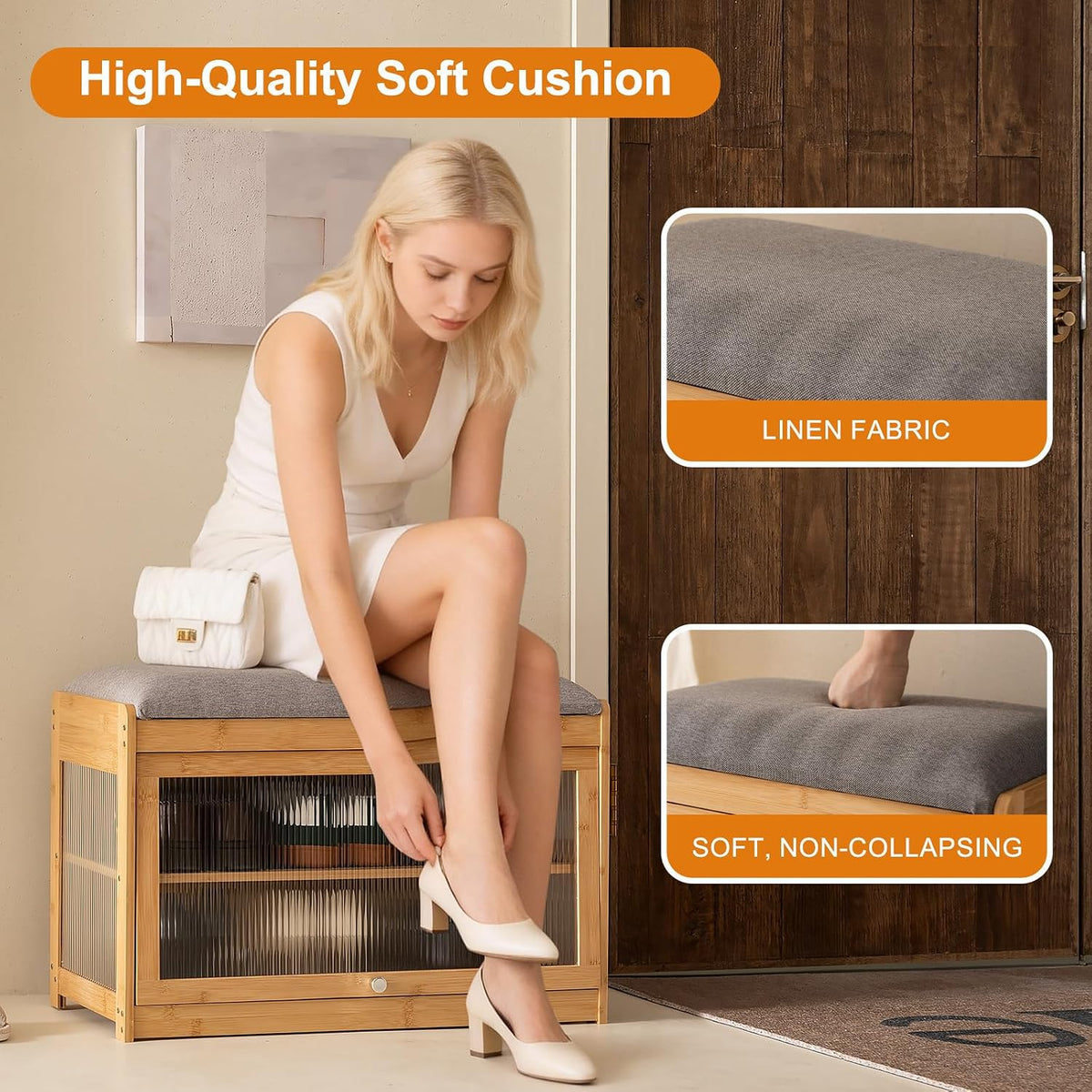 Bamboo Shoe Storage Bench with Seat Cushion for Entryway, 27" Farmhouse Small Shoe Rack with Hidden Flip-Top Storage & Dustproof Acrylic Door, 2-Tier Narrow Shoe Cabinet Organizer, Natural