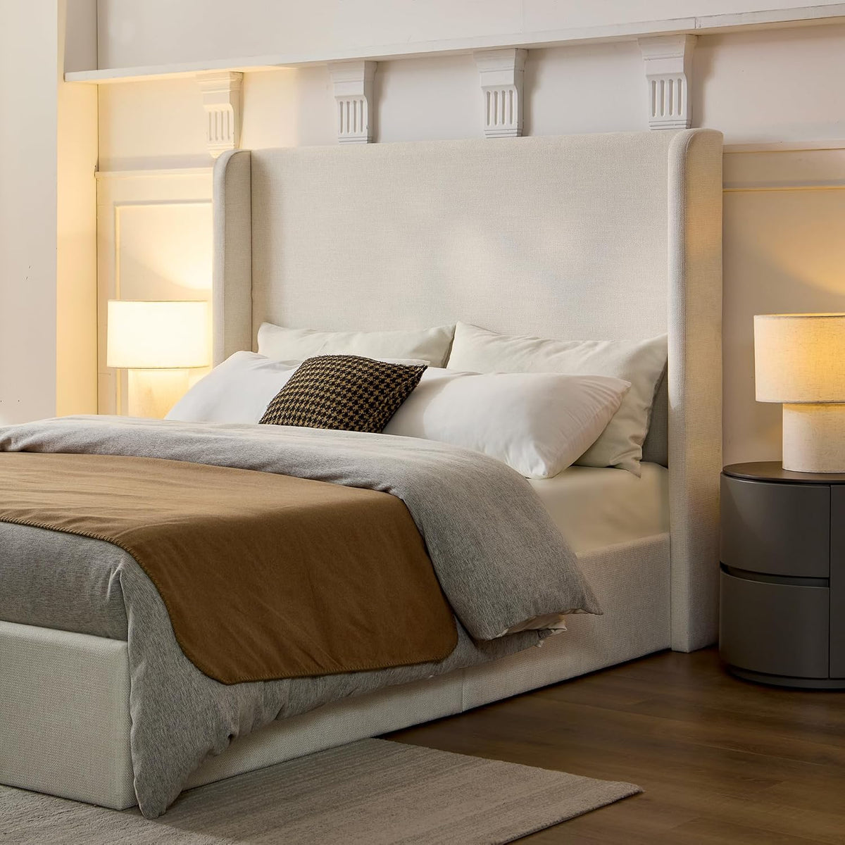 LUMISOL Queen 54” Tall Headboard Wingback Upholstered Platform Bed Frame, Modern Bed Frame Without Wooden Slats, Box Spring Request, Easy Assembly, Ivory