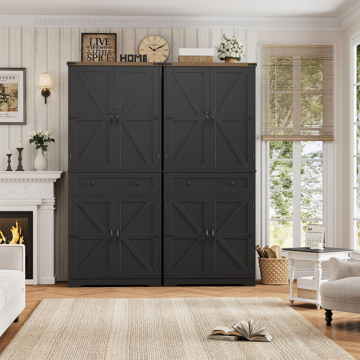 HOSTACK 71" Tall Pantry Cabinet, Farmhouse Kitchen Pantry with Storage Shelves, Barn Doors Food Storage Cabinet, Freestanding Kitchen Hutch with Large Drawer for Dining Room, Living Room, Black