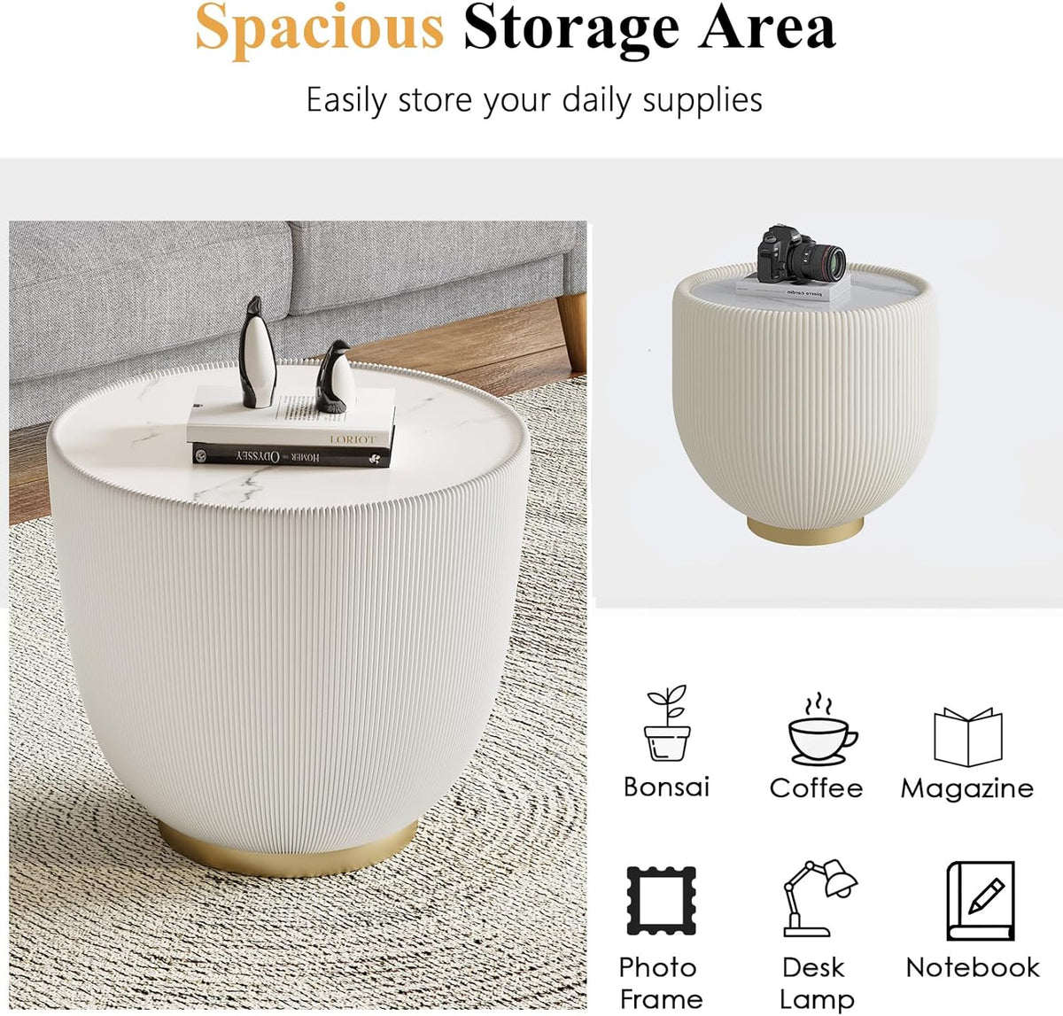 Modern Round End Table, Elegant Bowl Shaped Accent Sofa Side Table with Sintered Stone Tabletop & Pleated Leatherette Details, Small Round End Tables for Living Room Bedroom Apartment Office, White