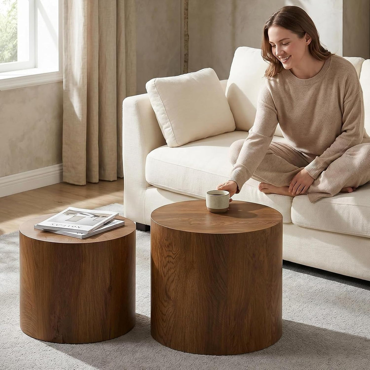 Round Coffee Table Set of 2,Modern Nesting Center Table with Non-Slip Feet | Minimalist Wood Center Table for Living Room, Bedroom, Office, Small Space, No Assembling,Beige