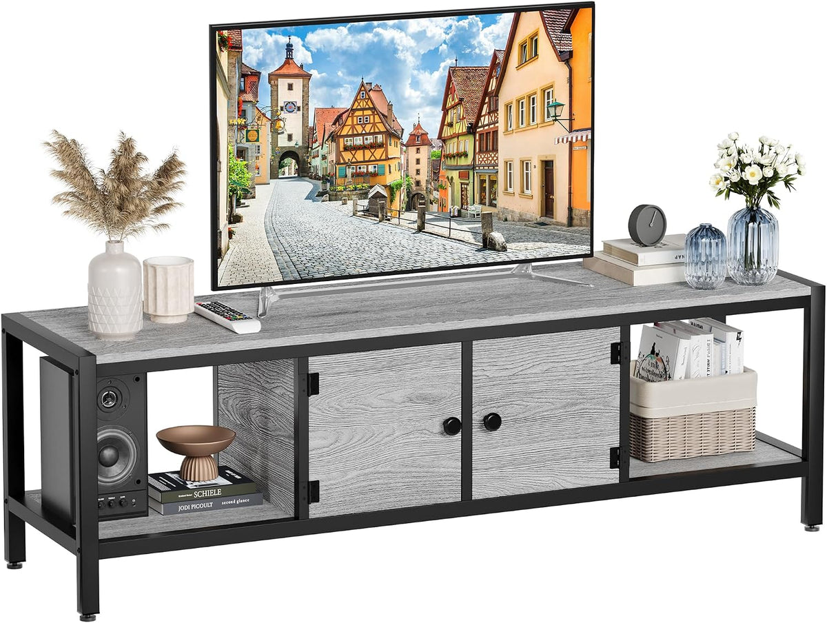 GarveeHome 58 in TV Stand with Storage, Entertainment Center with Adjustable Legs, TV Console up to 65 in, Wooden TV Stand with Open Shelves for Living Room, Bedroom, Light Grey