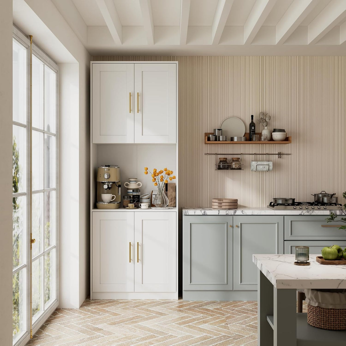 85" Kitchen Storage Cabinets,Corner Pantry Cabinet,Tall Bathroom Cabinet,Farmhouse Storage Cabinet with Countertops Suitable for Apartments/Dining Room/Small Spaces (2, White, 85" H)
