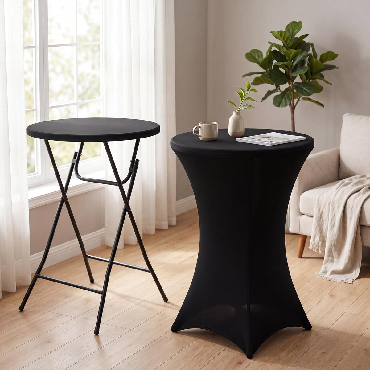 Wenqik 4 Sets 32"x43" High Top Folding Cocktail Tables & Cover,Black | Bar Height Portable Stands with Spandex Covers, Removable Legs for Easy Storage, Ideal for Parties Weddings Events