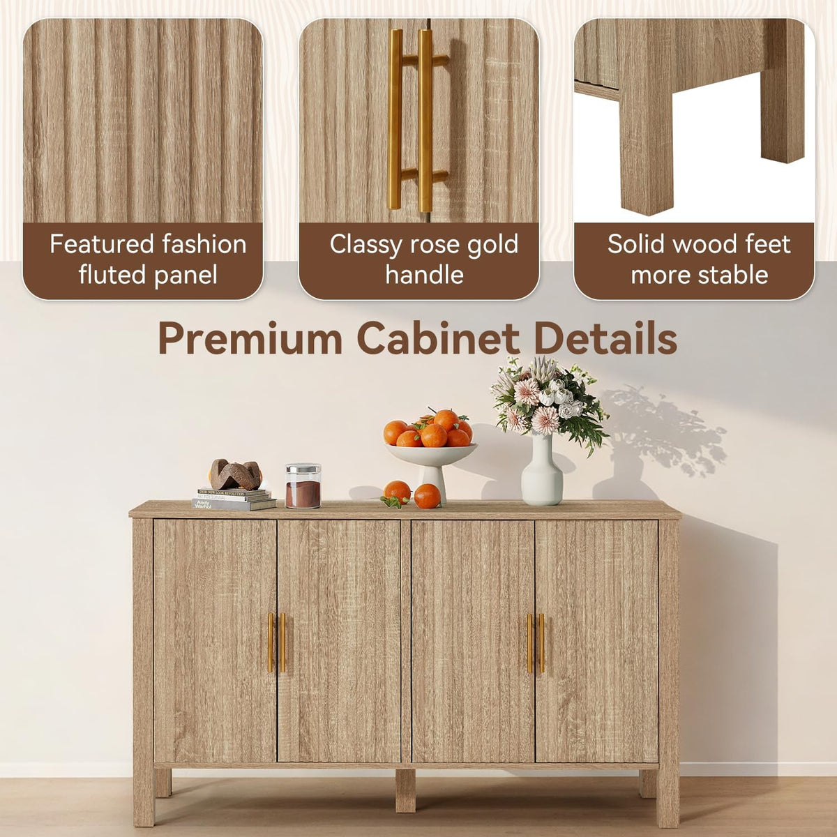 ECOTOUGE Natural 4-Door Fluted Buffet Cabinet with Storage