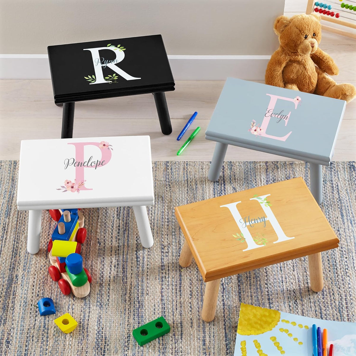 Let's Make Memories Personalized Step Stool - for Ages 3+ - Wood - Floral Design - Gray