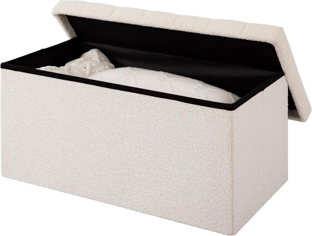 Seville Classics Cushioned Fabric Ottoman Hidden Storage Chest Footrest Chair, Padded Seat for Bedroom, Dorm, Loft, Living Room, Entryway, Hallway, White Boucle, 30" Bench