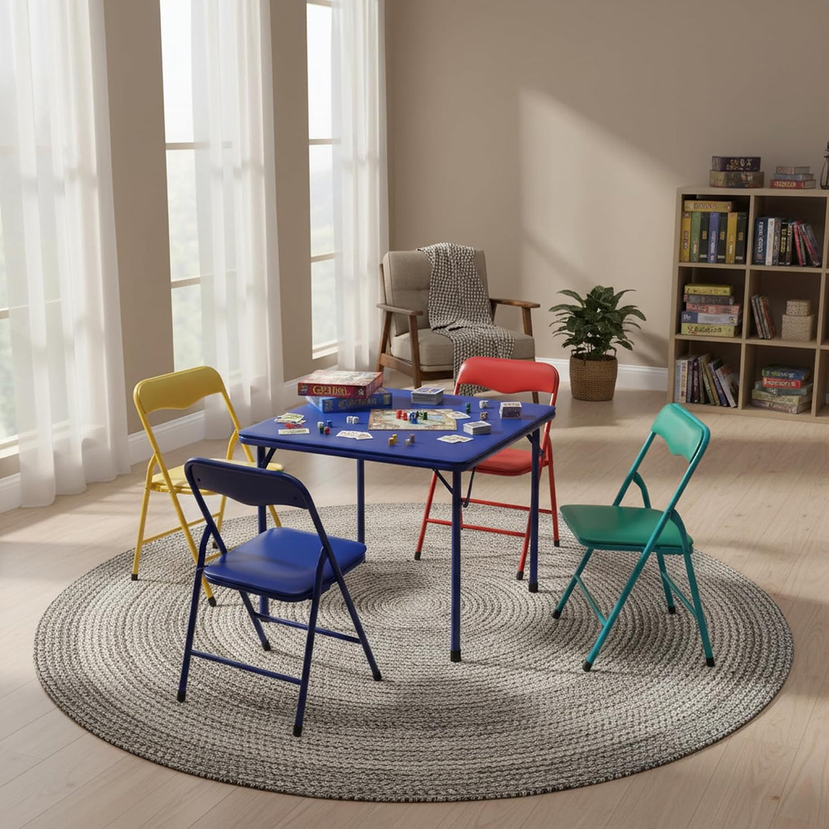 FurnitureR 5-Piece Folding Table and Chair Set, Compact Square Activity Table with 4 Folding Chairs, Sturdy Metal Frame, Flat-Fold Design for Game Room, Crafts, Family Activities