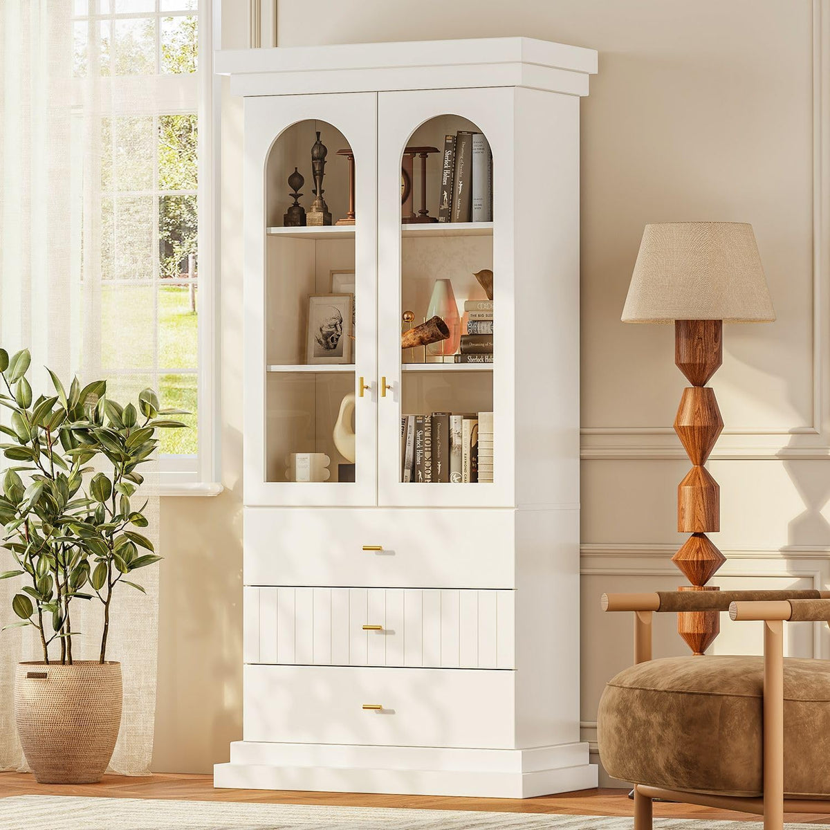 Vyre 71" Arched Kitchen Cabinet, Double Glass Door Display and Storage Cabinets with Drawers, Modern Pantry for Dining Room or Living Room, White with Gold Handles, 2 of Set