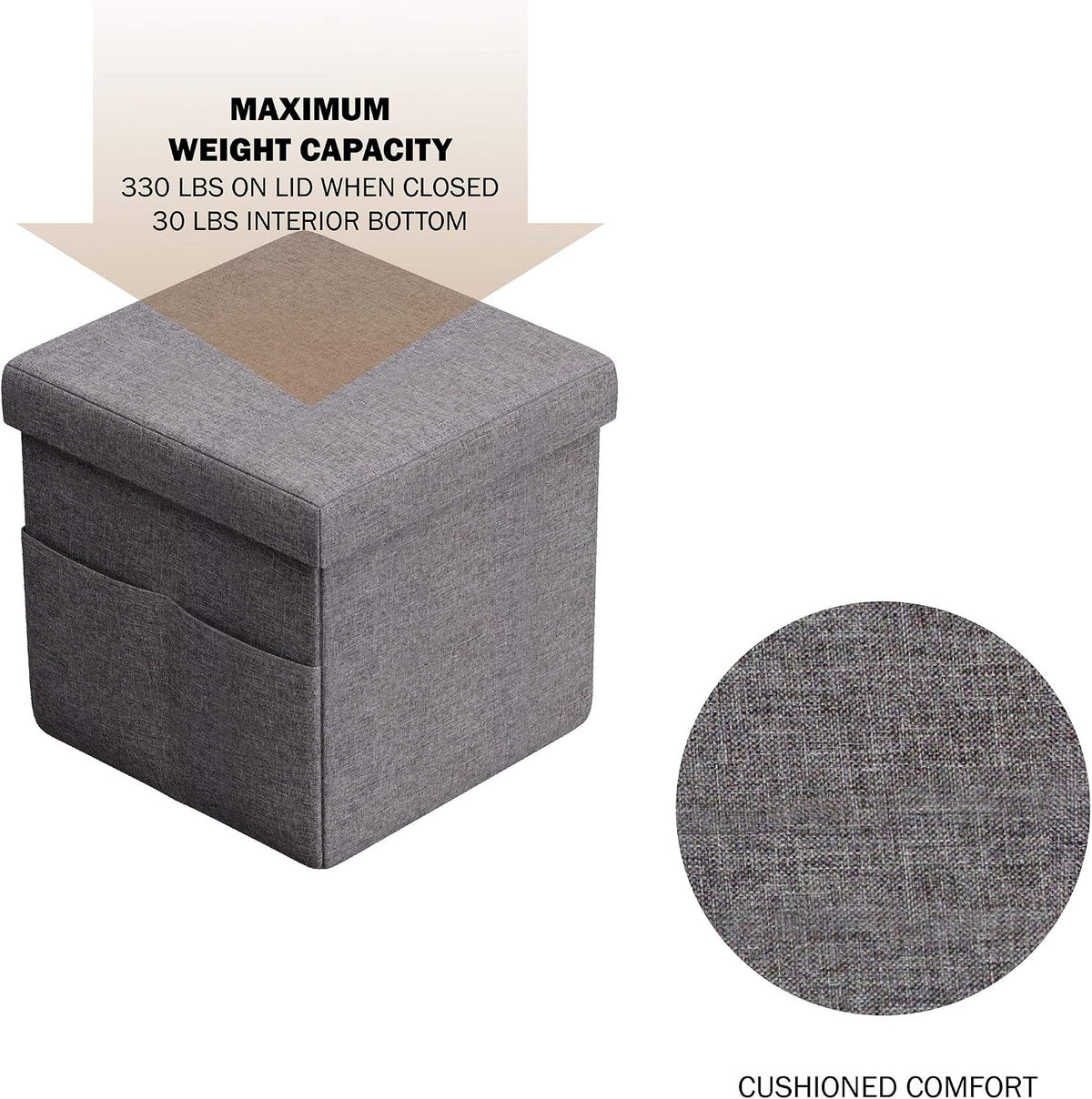 Set of 2 Ottomans with Storage Pockets - 15-Inch Folding Foot Rests or Storage Organizers for Bedroom, Living Room, or Dorm by Lavish Home (Gray)