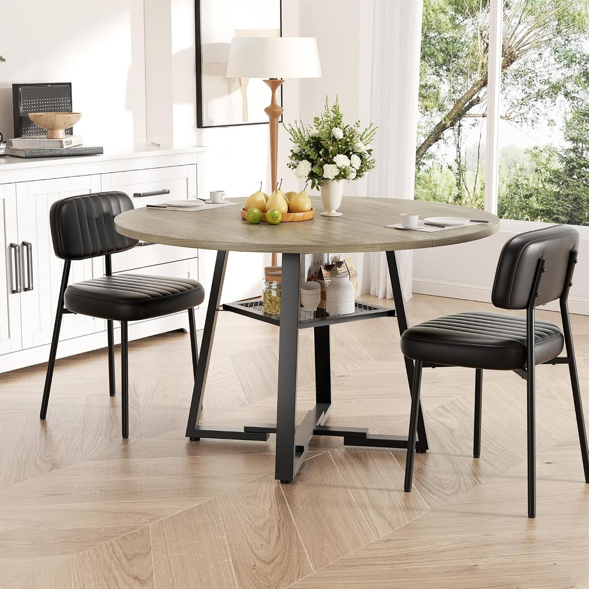 Round Dining Table for 4-6 People,47 Inch Dining Room Table,Modern Circle Kitchen Table with Storage Shelf and Metal Legs for Dining Room,Kitchen,Grey (Table Only)