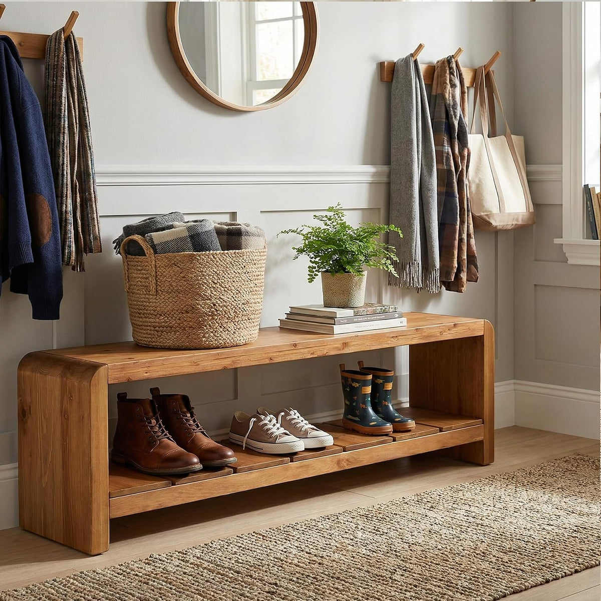 Solid Wood Entryway Bench with Shoe Storage, 59.06-Inch Long Shoe Bench with Open Shelf, Farmhouse End of Bed Seating for Hallway, Foyer, Bedroom, Walnut Brown
