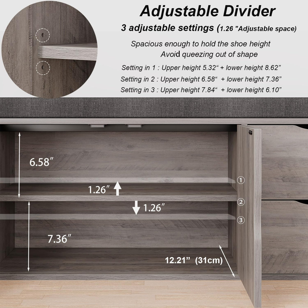 LVB 2-Tier Storage Bench with Padded Cushion, Entryway Shoe Bench with 2 Drawers, 2 Barn Doors & Adjustable Shelf, Industrial Style for Foyer, Bedroom, Living Room, Greige, 40 Inch